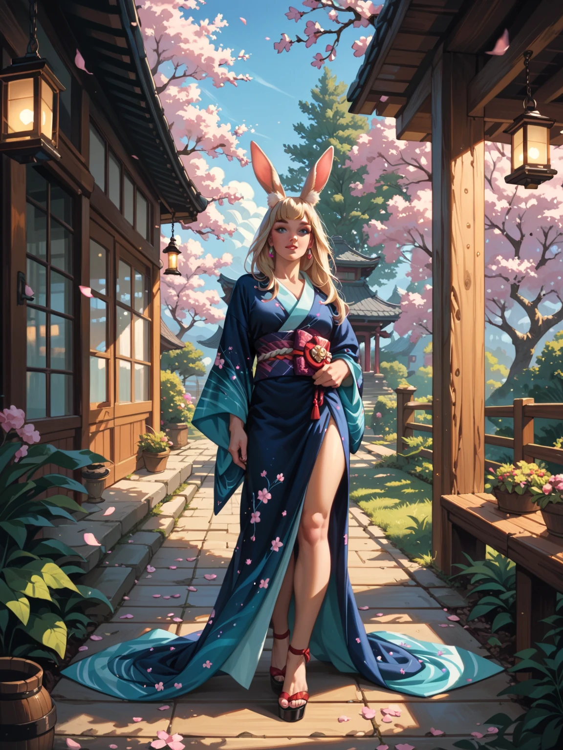 A sexy anthropomorphic [cat|dog|rabbit] girl in an ethereal kimono adorned with glowing cherry blossom patterns, standing on a polished wooden floor under moonlight, background of a serene Japanese garden with lanterns
