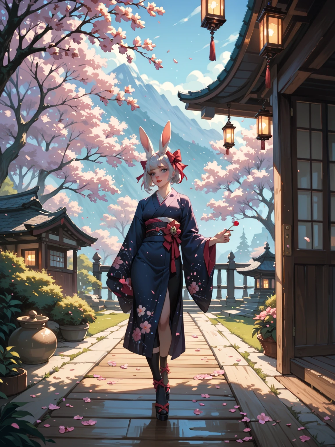 A sexy anthropomorphic [cat|dog|rabbit] girl in an ethereal kimono adorned with glowing cherry blossom patterns, standing on a polished wooden floor under moonlight, background of a serene Japanese garden with lanterns
