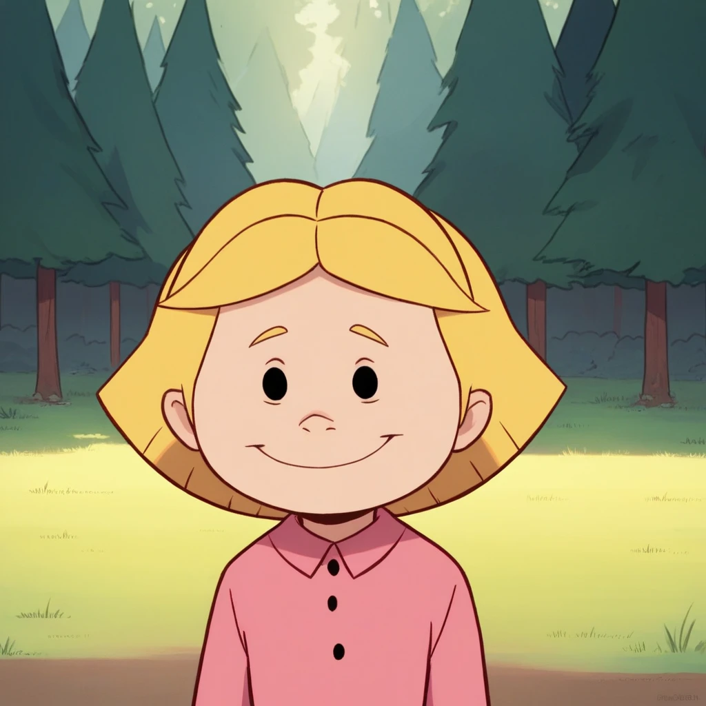 score_9_up, score_8_up, BREAK, EmilyElizabeth, 1girl, solo, blonde hair, short hair, black eyes, pink shirt, long sleeves, half body,  forest, smile