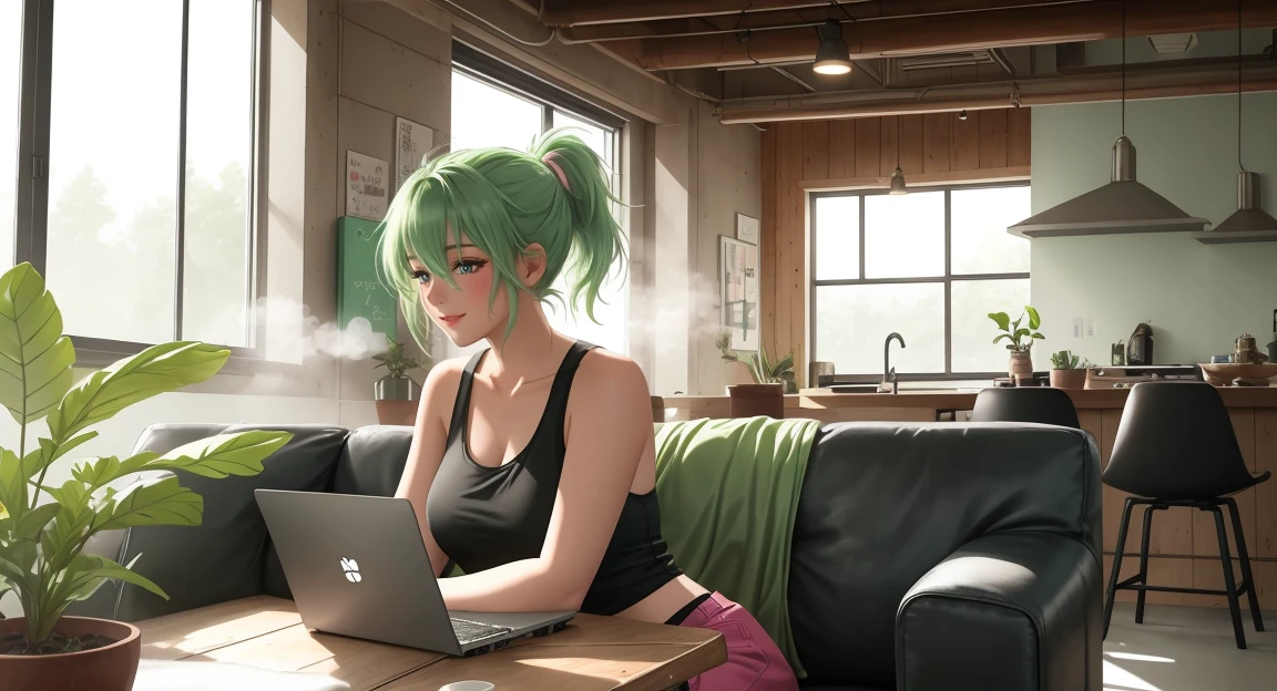 "A woman with pastel green and pink hair tied in a ponytail sits on a leather couch in an industrial-style living room. She wears a black tank top and black leggings, her laptop glowing softly as she works. The sunlight filters through large steel-framed windows, casting shadows on the exposed concrete walls and the rugged wooden coffee table. A cup of coffee sits beside her, the steam rising gently in the warm light."
