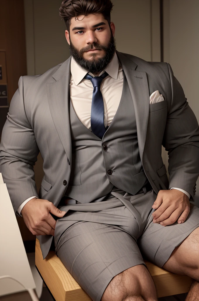 best quality, masterpiece, 8K, HD, indian masculine, 30 year-old hot beard indian gentleman, very muscular, tanned skin, stylish hair, tight business suit, ((shirtspread)), vpl, papers and folders on table, tall indoor plants, big bubble butt, looking directly at camera, very seductive expression, sexy, god rays, soft lighting, dynamic shadows, sharp focus, perfection, no watermark, full view, top to bottom, wide huge shoulder, chest, arms, wide legs,