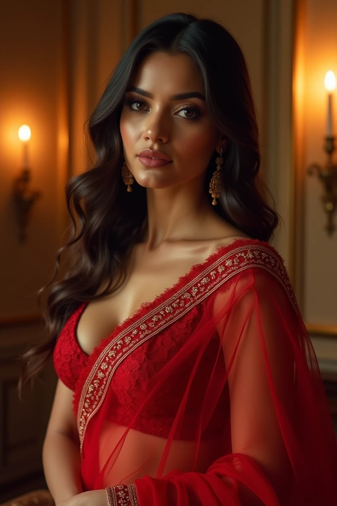 Disha patani in desi style red saree big boobs hard nipples pooking through blouse panties visible through saree