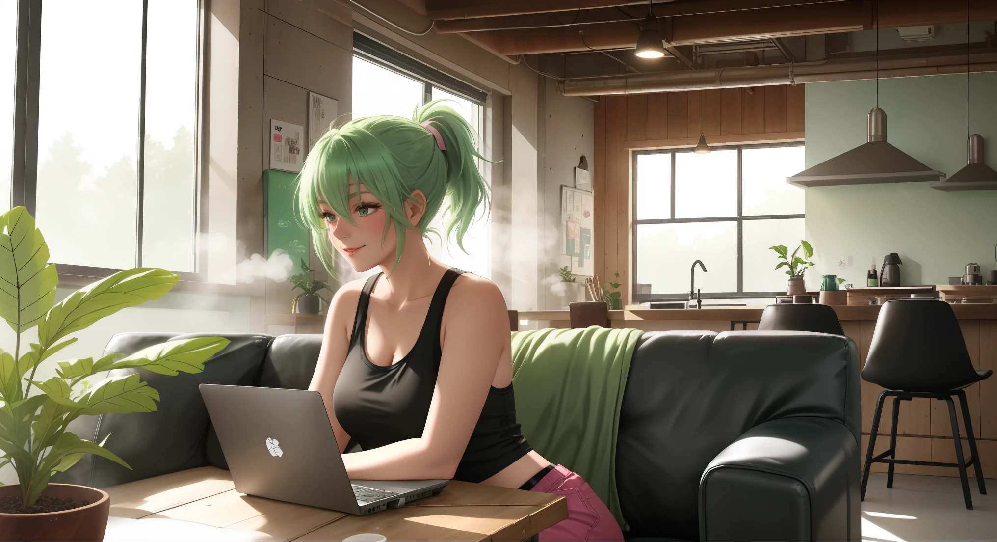 "A woman with pastel green and pink hair tied in a ponytail sits on a leather couch in an industrial-style living room. She wears a black tank top and black leggings, her laptop glowing softly as she works. The sunlight filters through large steel-framed windows, casting shadows on the exposed concrete walls and the rugged wooden coffee table. A cup of coffee sits beside her, the steam rising gently in the warm light."
