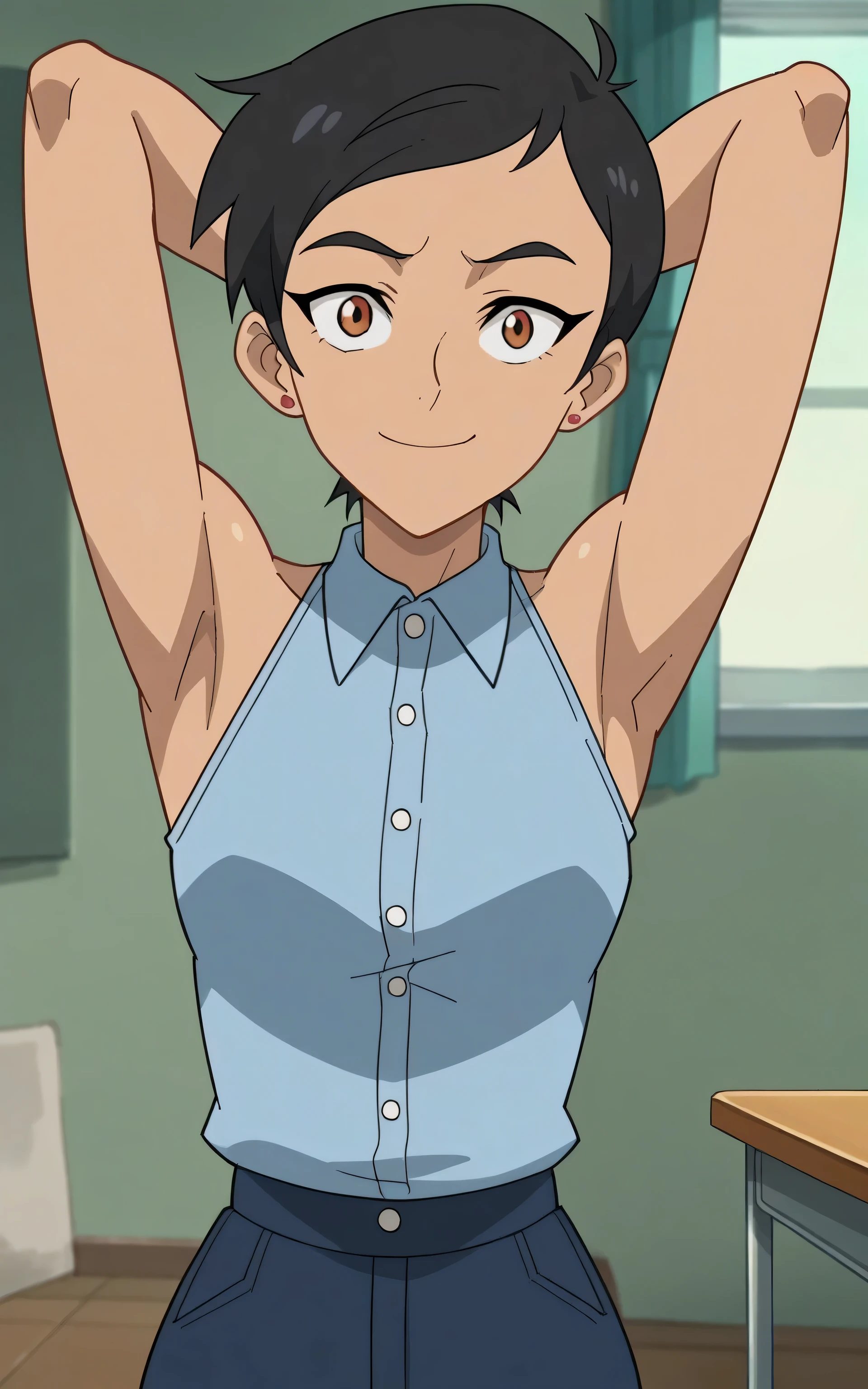 score_9, score_8_up, score_7_up, source_anime, anime screencap, 1girl, solo, llmaws, blue shirt, sleeveless, buttons, arms behind head, bare shoulders, bare arms, armpits, looking at viewer, head towards viewer, smile, closed mouth, badhandv4, medium breasts, feminine, collared shirt, indoors