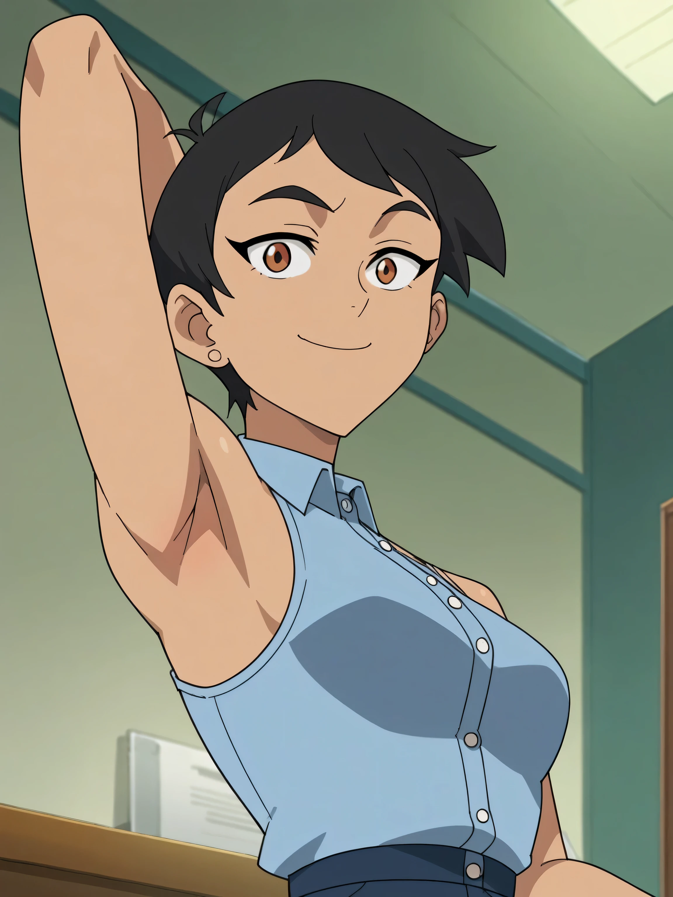 score_9, score_8_up, score_7_up, source_anime, anime screencap, 1girl, solo, llmaws, blue shirt, sleeveless, buttons, arms behind head, bare shoulders, bare arms, armpits, looking at viewer, head towards viewer, smile, closed mouth, badhandv4, medium breasts, feminine, collared shirt, indoors