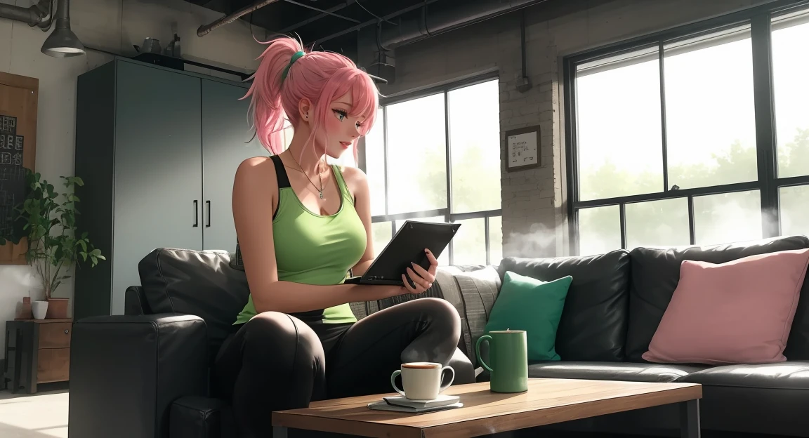 "A woman with pastel green and pink hair tied in a ponytail sits on a leather couch in an industrial-style living room. She wears a black tank top and black leggings, her fingers moving purposefully over the keyboard of her glowing laptop. Her attention is fully focused on the screen as she types, the sunlight streaming through large steel-framed windows casting intricate shadows on the exposed concrete walls and the rugged wooden coffee table. Beside her, a cup of coffee releases a gentle wisp of steam into the warm light."