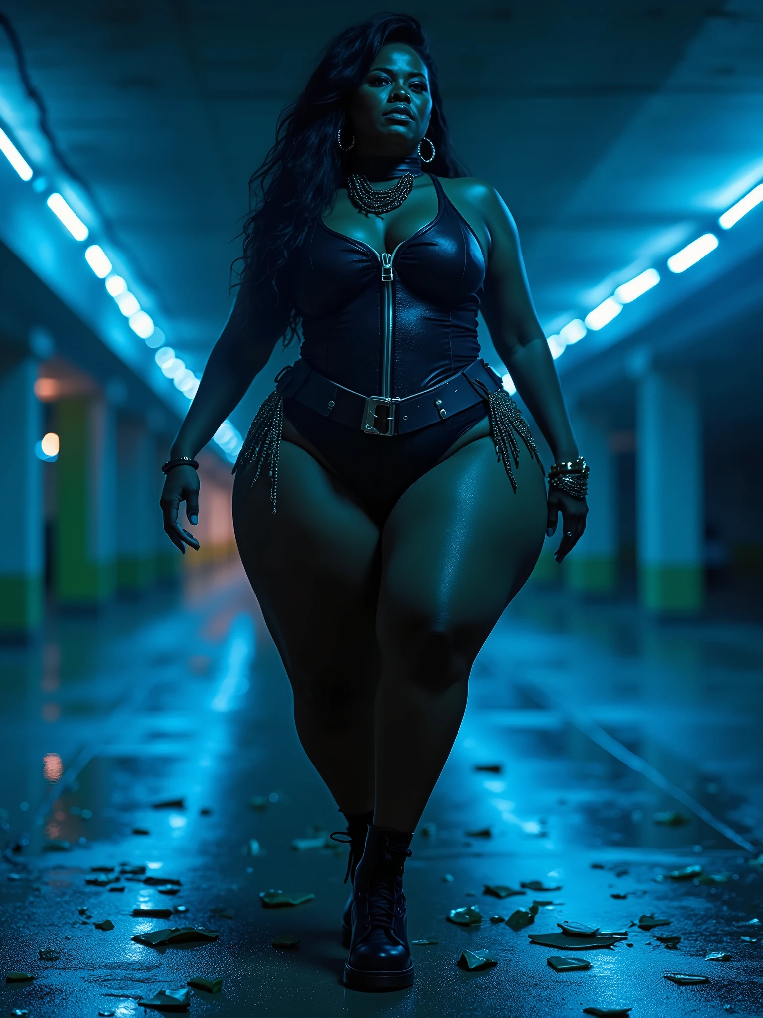 HUGE ASS, extreme protrusion, ultra photo-realistic skin, MASSIVE SUPERIOR HUGE ASS, dark skin: dark melanin Women, most wide trapezoidal pelvis: widespread hips: tiny waist, UHD, Protruding Ass paired with slender stomach ting waist, long sweater: belts clasps buckles in the minute details, PROTRUDING BOOTY, neon: post apocalyptic: great room, subject poses from the front side, intense attention to details, intricate beautiful details, linen apparel, fine details, metallic long fabric, Synthwave, front side, Womanly, dark tteal scheme, eloquene bathed in elegance, DSLR, best quality, no nsfw