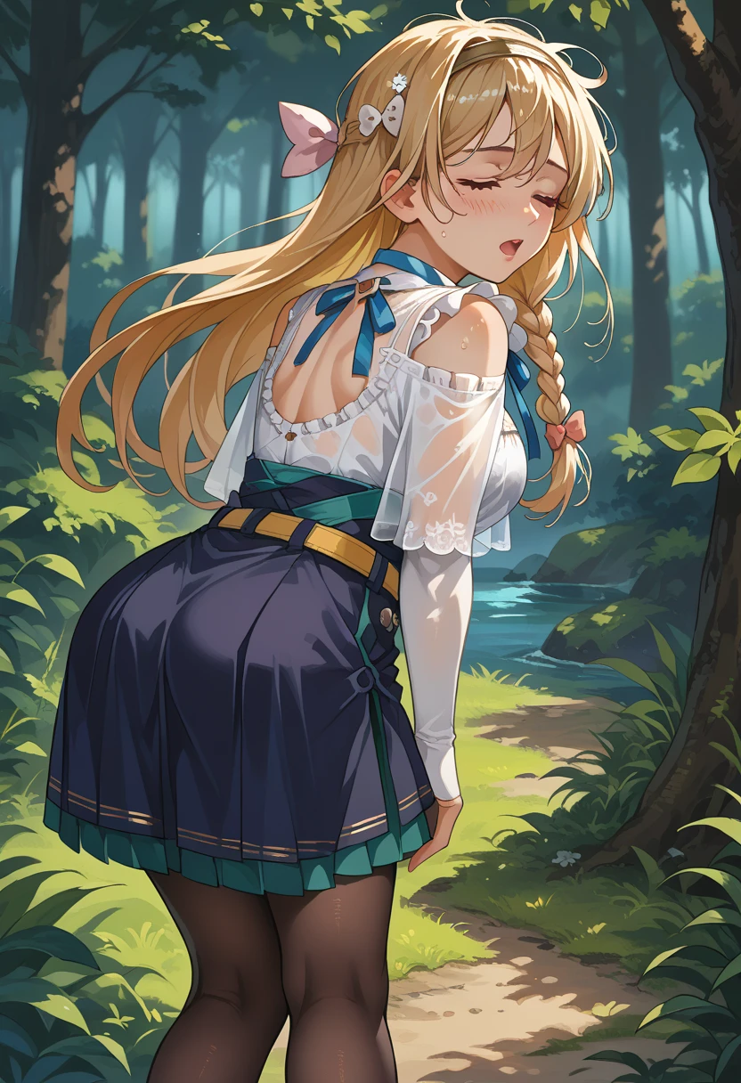 ((masterpiece)), (best quality), (ultra-detailed), photorealistic, (best illustration), ((an extremely delicate and beautiful)), 1girl, solo, long hair, blonde hair, two-tone hair, cross-laced, blue eyes, breasts, detailed scenery, low twin braids, twin braids, hair ornament, gigantic breasts, ass, huge ass, looking at viewer, standing, viewer POV, 