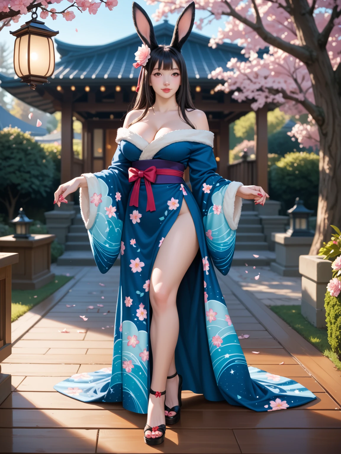 full body,full shot,sfw,russian goddess princess girl in the image of a geisha with big bright blue eyes and long fluffy eyelashes Nordic type with a perfect graceful figure and very long and fluffy wavy hair of bright wheat colour stands in full growth on the alley against the background of blooming Japanese pink sakura in Japanese kimono colour bright navy blue and Japanese shoes gane colour bright navy blue, Girl's lace kimono with intricate patterns with frank cutouts ultra short frankly sexy, Small breasts with protruding are viewable through the fabric and in the girl's ears are beautiful long delicate ear-rings with precious sapphires that shimmer and sparkle in the light The ground on which the girl stands is lavishly strewn with cherry petals, the scene is highly artistic, high resolution, sharp focus, artistic style Migjorni-V5, hyperphotorealism, perfect proportions, golden ratio photo, flare, outline, sunlight, soft glow, soft focus, photography style soft focus through a Monocle lens.