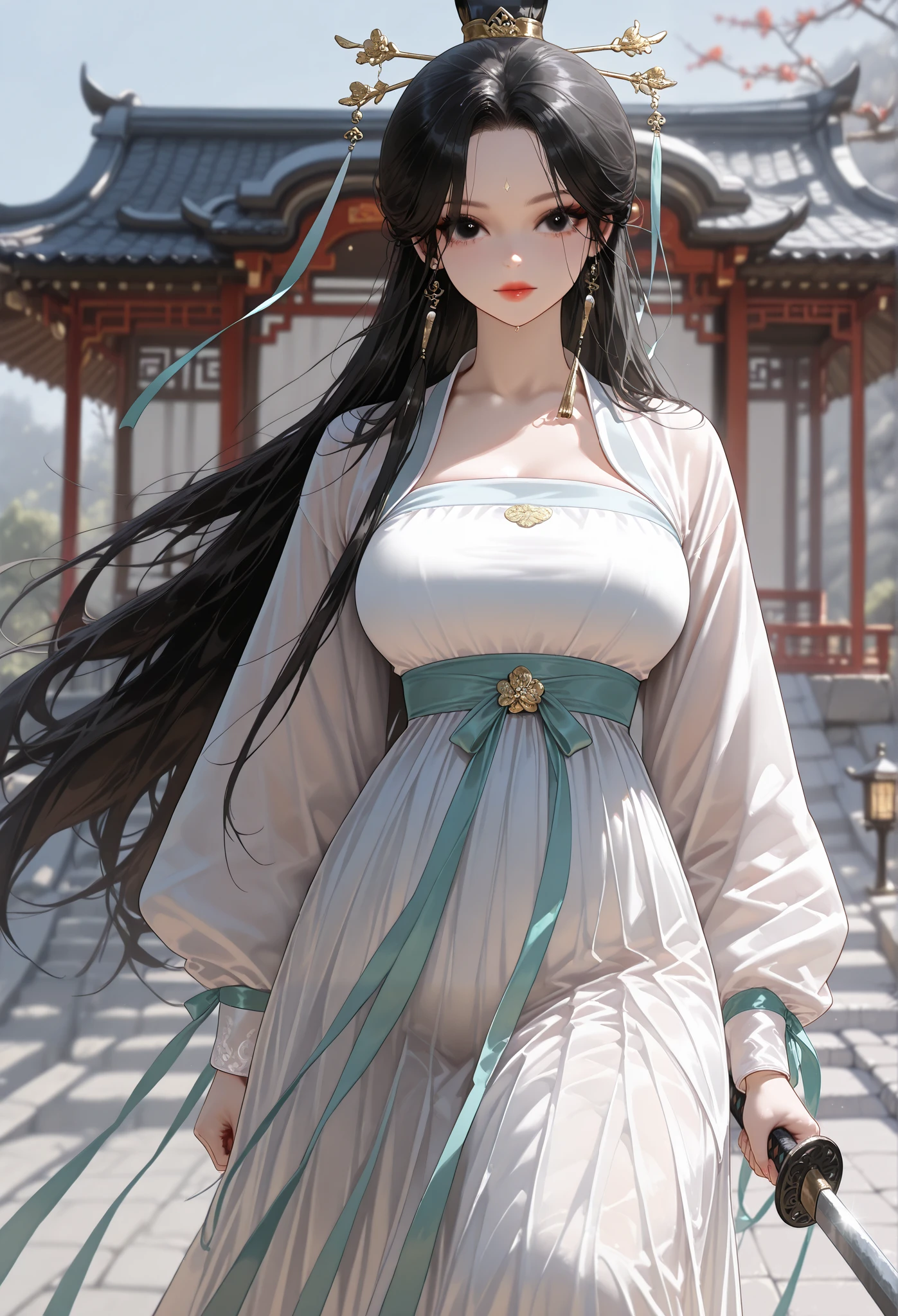 REALISTIC,  photography, (masterpiece,  high resolution, 2k resolution,  very detailed), frontal, (1 woman,  perfect face),(black long hair),black eyes, Single eyelid, monolid, (white chinese hanfu, white top, white long skirt), front view, korean beautiful girl, wearing sword