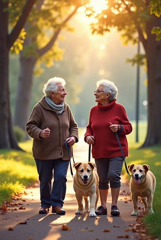 Two grandmas walking in the park with their dogs surprised to see each other