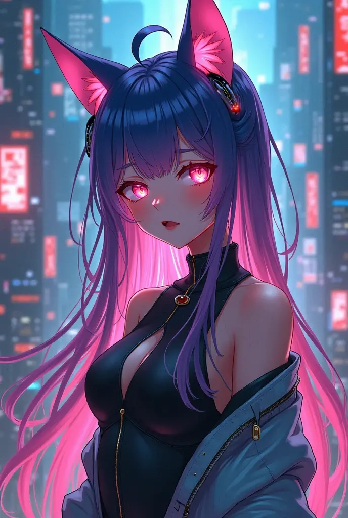 anime girl with long hair and cat ears in a city, digital cyberpunk anime art, cyberpunk anime girl mech, female cyberpunk anime girl, cyberpunk anime girl, anime cyberpunk art, cute cyborg girl, digital cyberpunk - anime art, cyberpunk anime art, oppai cyberpunk, anime style 4 k, perfect android girl, cyberpunk beautiful girl, beutiful girl cyborg