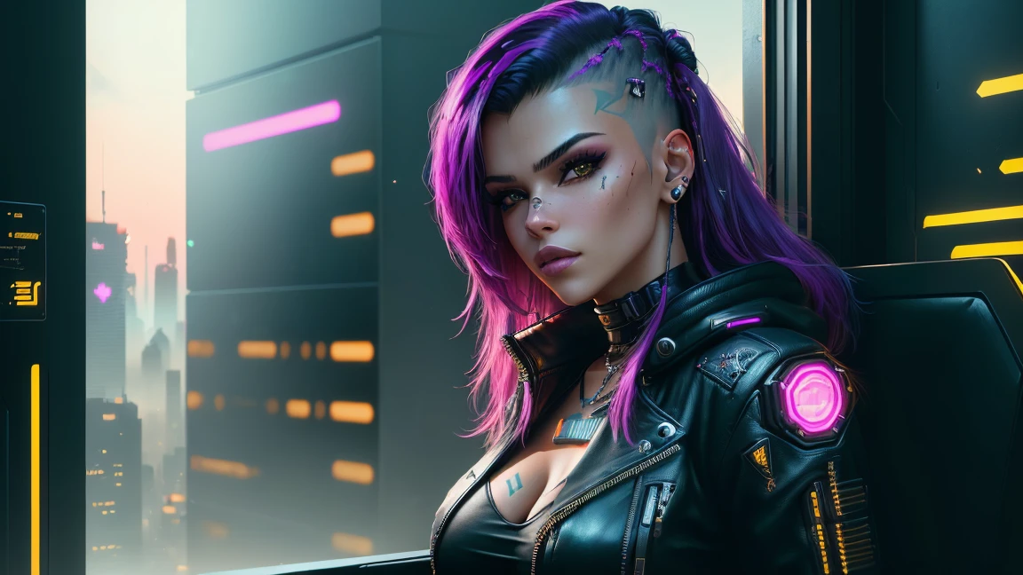 girl, prettify,cyberpunk,futuristic,glow,glowing,night,street,green_hair,collected_hair , (masterpiece,detailed,highres:1.4)