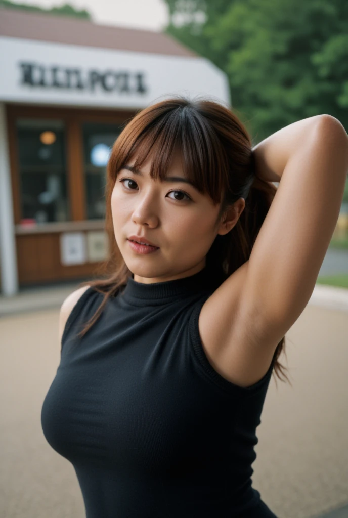 (Outdoor portrait focusing fullbody), (1 woman), hair with bangs, 38 yo, (Beautiful Japanese mature woman:1.2), (Facial features resembling those of a White woman:0.5), (erotic smile:1.2), (mouth open - erotic tongue:1.2), (Confident posture with chest forward), (1arm behind head), thick arms:1.2, thicc mature mommy, (Plus size small waist model), (Direct provocative gaze into the camera), (sleeveless black turtleneck sweater dress), sleeveless knitted turtleneck black sweater, loafers, (standing outdoors in a simple park setting with a strongly blurred background), papparazzi, (Soft natural lighting), (Photorealistic rendering), arm behind head, armpits and arms dynamic focus, (Extremely detailed and realistic facial and skin textures), wool sweater material:1.2, (Shallow depth of field), (High resolution), (Masterpiece). (Full body close-up view perfection shot) 