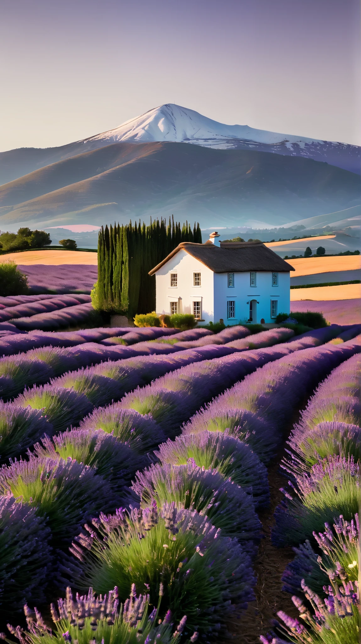 A realistic countryside scene featuring a simple, small white house positioned slightly distant from the viewer. The house stands in the middle of an expansive lavender field, with rows of vibrant purple flowers extending toward the horizon. A serene mountain range rises in the background. The composition uses minimal elements, focusing primarily on the house and the lavender field. The scene is captured with a wide-angle lens and a slight tilt to enhance depth, creating a sense of realism. Natural daylight provides soft, warm lighting, emphasizing simplicity and tranquility. aspect ratio for a spacious, immersive view.