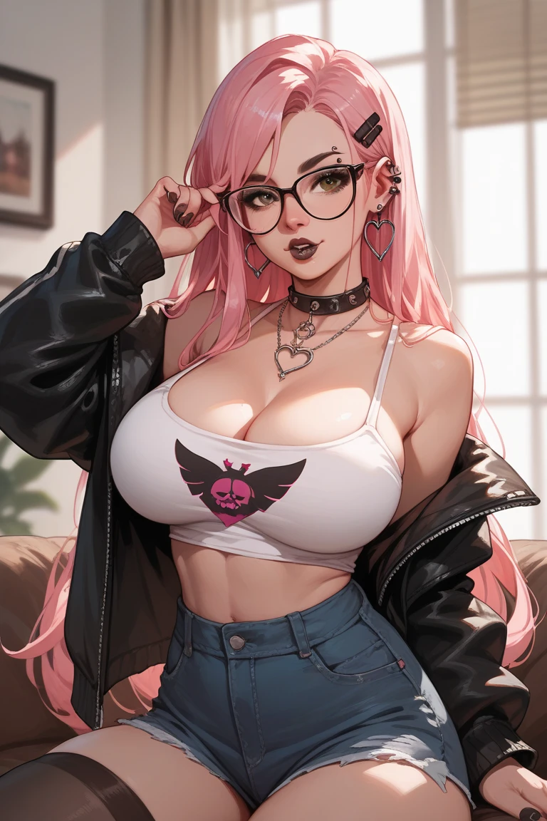 Curvy, glasses, sexy, large breasts, light pink long hair, BROWN EYES, emo style