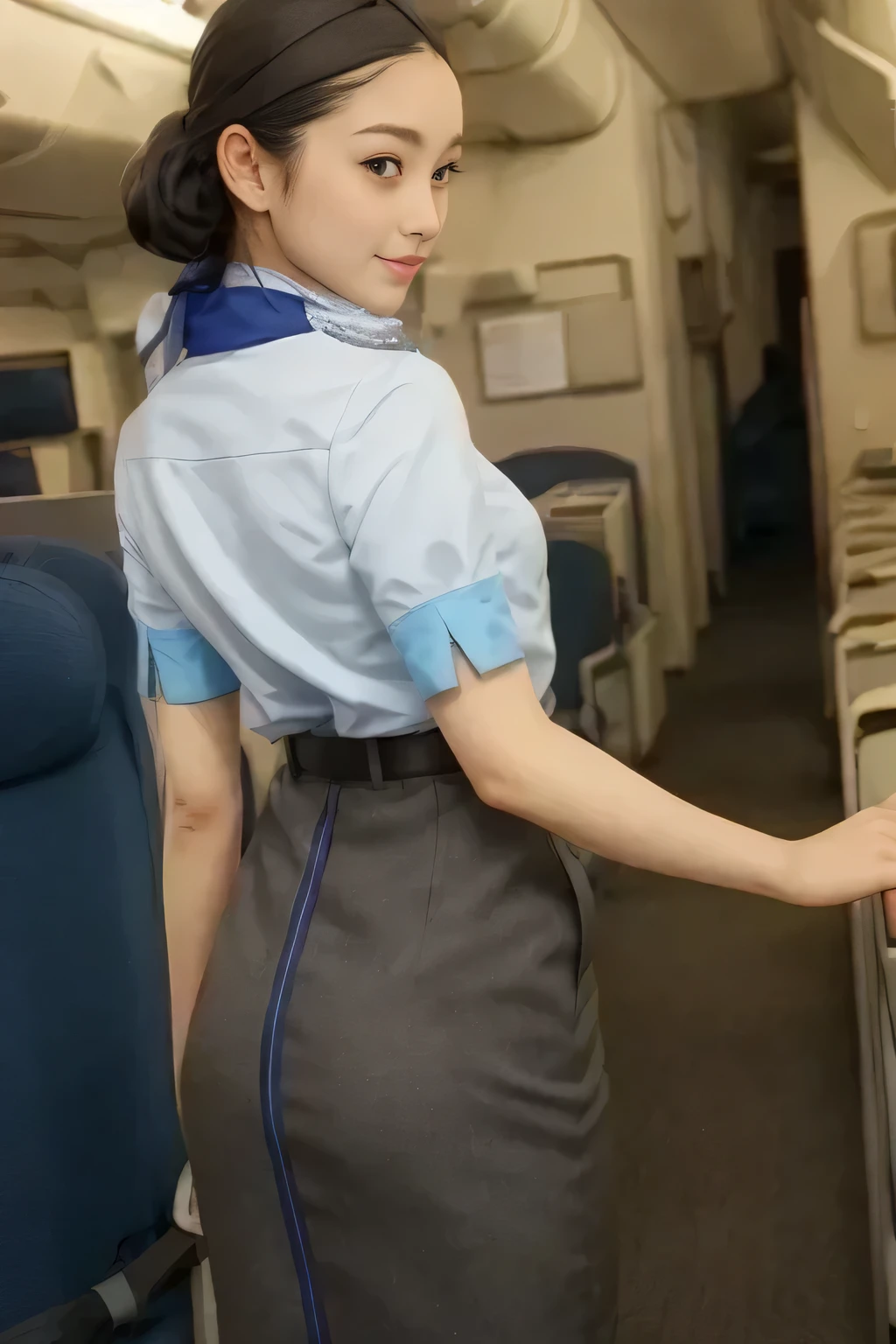 (masterpiece:1.2, top quality:1.2), 32kHDR, high definition 。 perfect for loosely aligning legs , (alone、 1 girl)、( Rooftop of a building during the day 、 Professional writing )、 against the roof of a building 、(ANA cabincrew uniform blue wear 、 real style )、(( ANA cabincrew uniform blue short sleeve blouse 、 ANA cabincrew uniform blueの後ろに青いラインが入ってるスカート、 Put a scarf around your neck ))、 dark brown hair 、( Super Long Hair Wrap Hair、Braid Wrap Up Hair )、 long hit 、Big Breasts、Thin legs、(( Amazing hands :2.0)),(( physique in harmony with the roof of a building :1.5)),(( generally limbs:2.0)),((generally :2.0)),(( Delicate Eyes:2.0)),((generally eyes :2.0)))、 smile 、( ANA cabincrew uniform blue figure showing beautiful back )、 Place your right hand on the seat