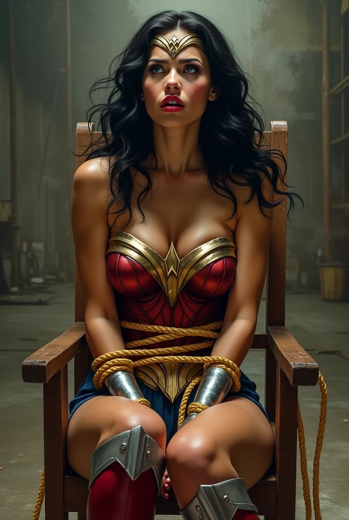 Wonder Woman being tied up with chains. BDSM, (restrained), tied up, full body,