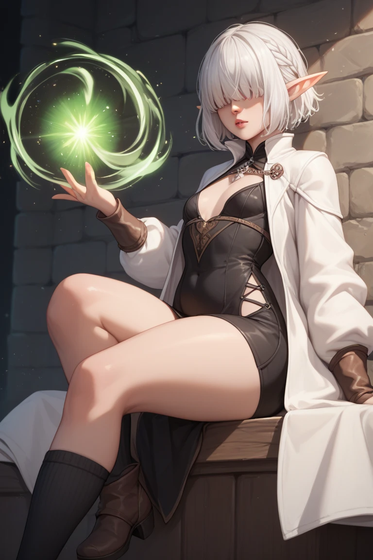 1 girl, long white hair, bangs over eyes, elf ears, pale skin, voluptuous, magic, short black dress, small breasts, white coat, black knee high socks, dark medieval fantasy, dungeon 