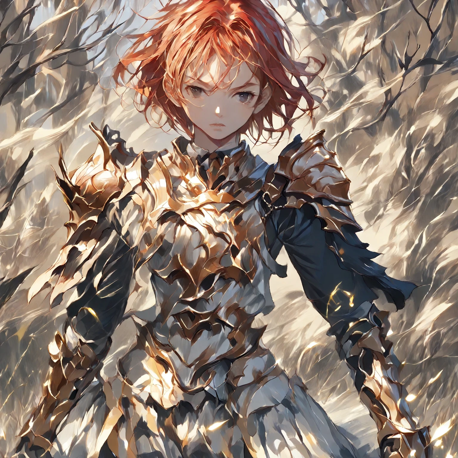 girl, anime, red hair, short hairstyle (armor on her shoulders: 1.5), full scale, (serious look), warrior