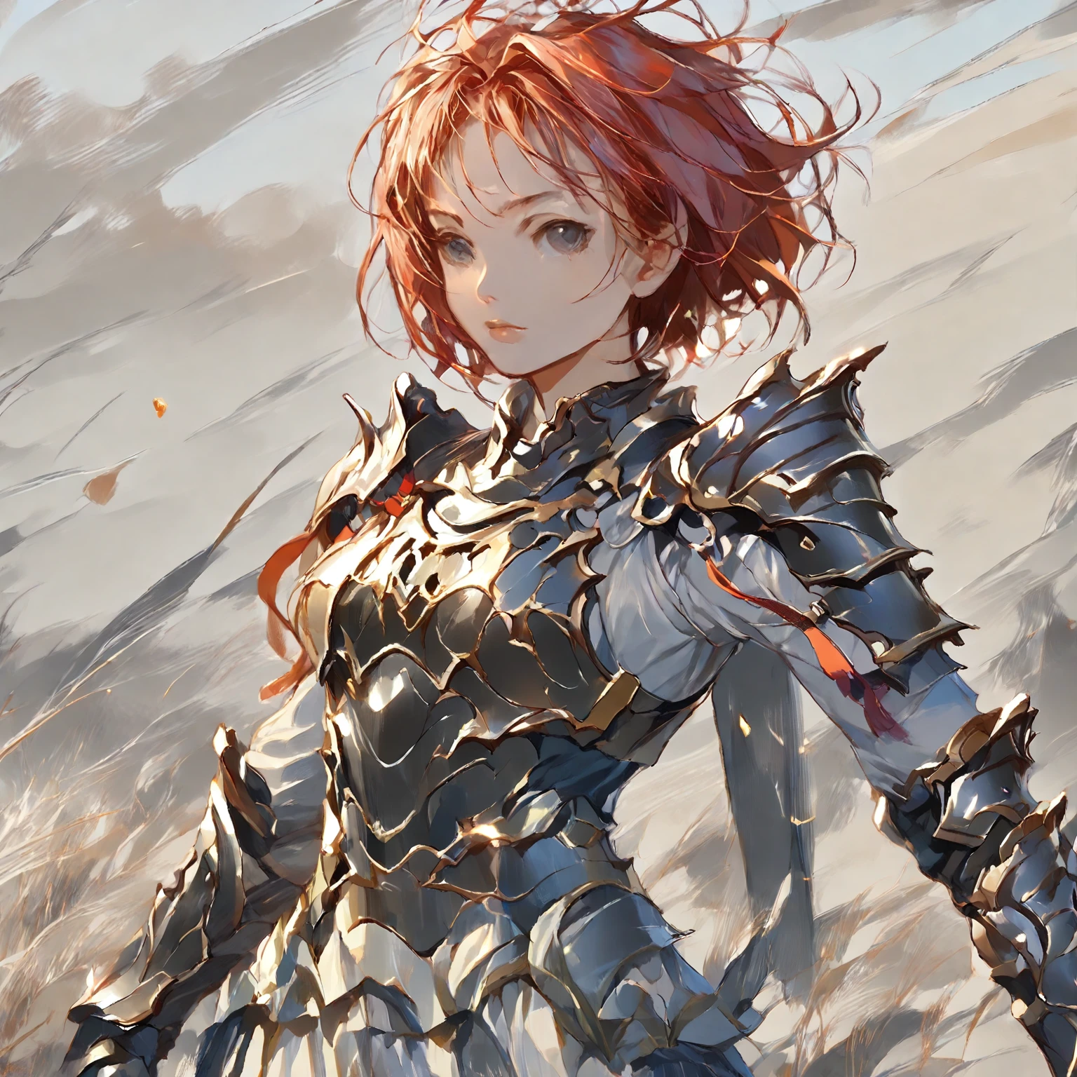 girl, anime, red hair, short hairstyle (armor on her shoulders: 1.5), full scale, (serious look), warrior