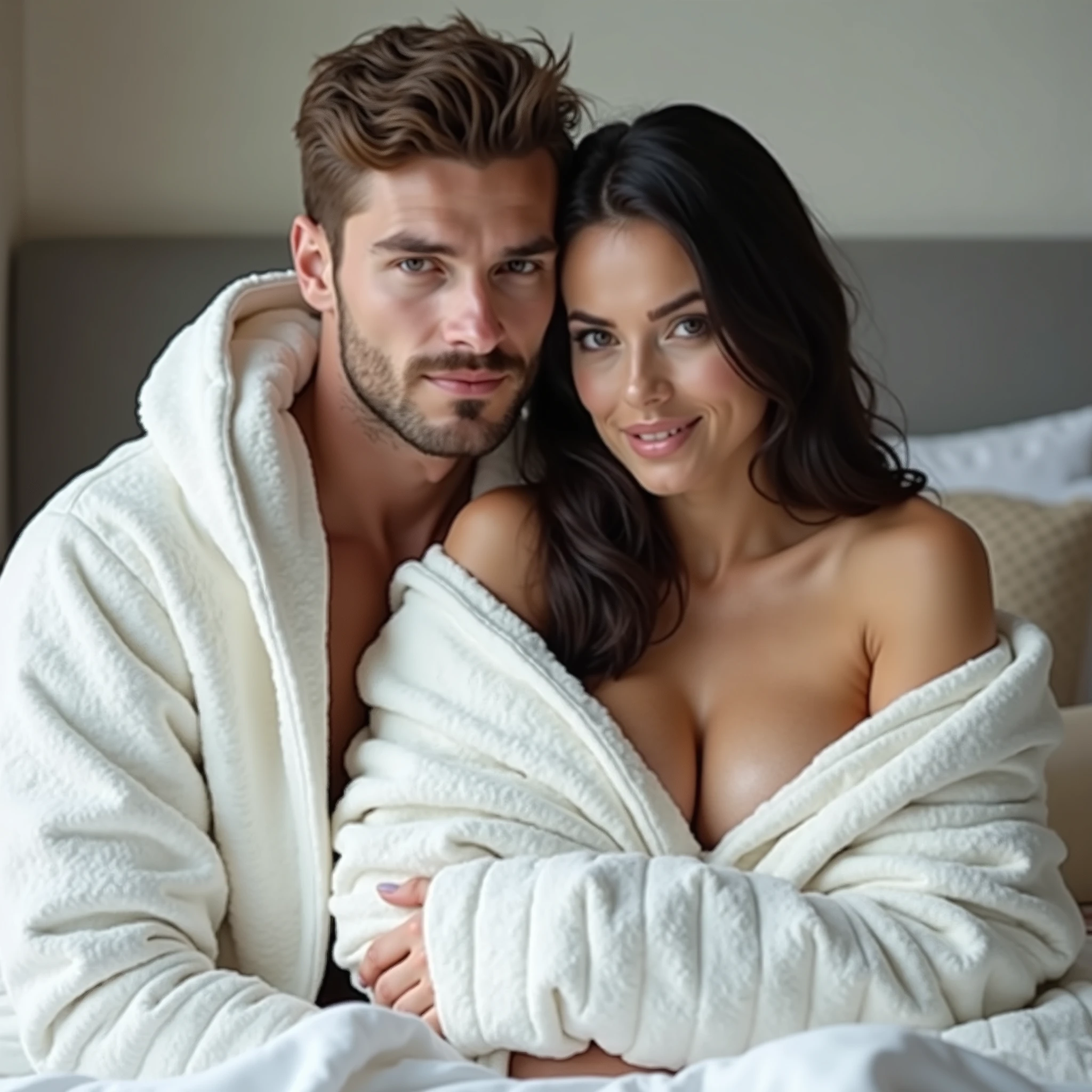Full indoor shot of a couple, wrapped in a white blanket. The man, handsome, muscular athletic physique, has short, neatly styled brown hair, a slightly prominent jawline, and a trimmed beard. The woman has heart shape face, 24 year, long black hair, slim body, big round shape natural breasts, vulva pussy, medium sized heart shape ass. A man and a woman are wrapped in a white quilted blanket. They are hug and close together. The blanket is draped around full body them, and the folds and texture of the fabric are clearly visible. The couple appears to be in a bedroom, with a bed and a decorative pillow in the background, visible out of focus. The wall is a light neutral tone. Hyper realistic photo of tvfluxv1, hyperdetailed photography, ultra-high\n res.photorealistic:.1.4, (high detailed skin:1.2),8k UHD, DSLR, high quality, film grain, Fujifilm XT3\n.