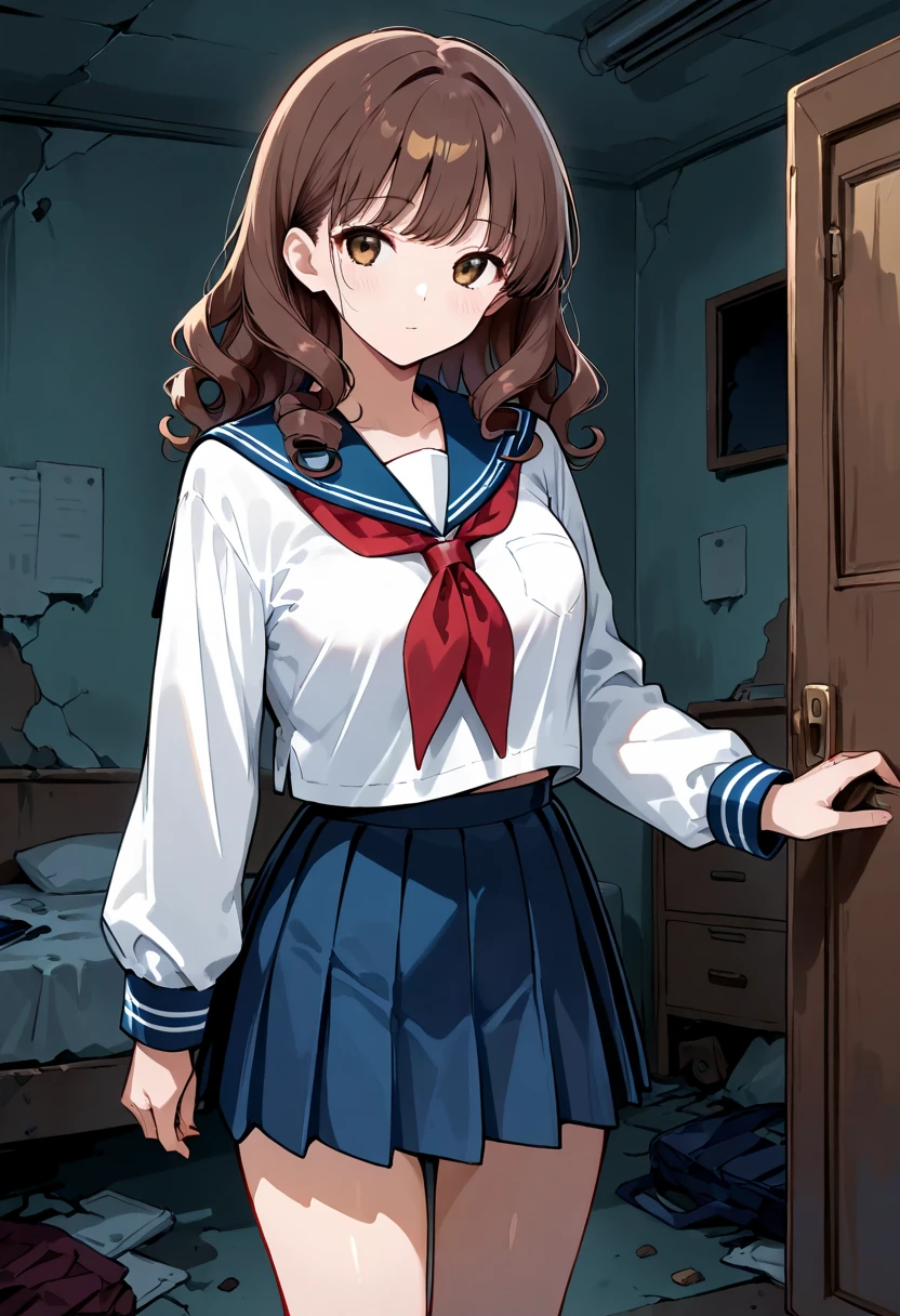  sailor suit,  Long Sleeve ,  RED NECKERCHIEF , ( short pleated skirt ),  Abandoned Bedroom, brown long hair, curly hair, medium breasts,