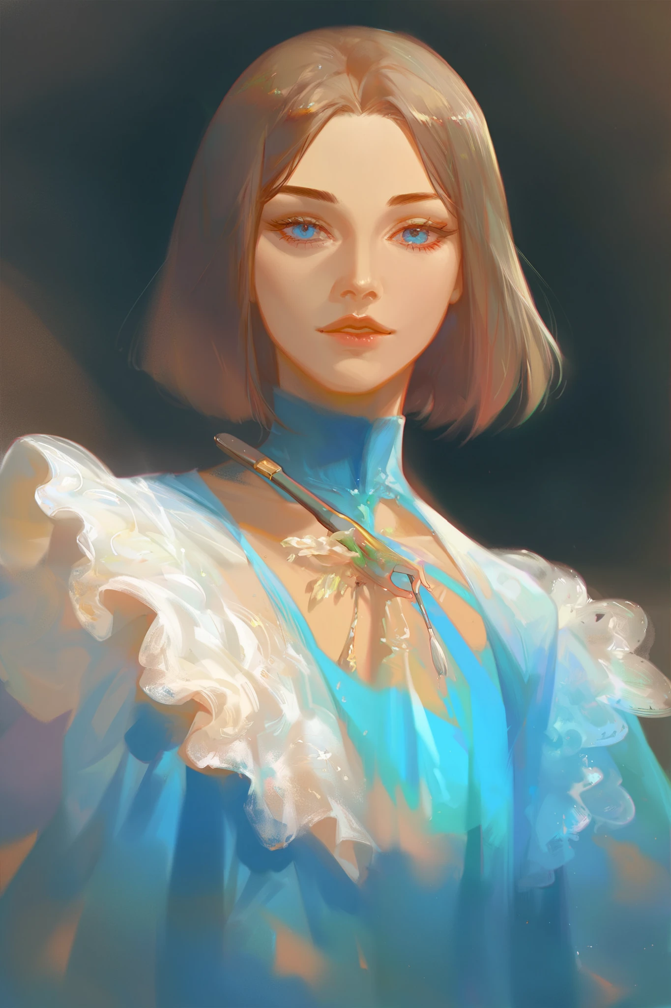score_9, score_8_up, score_7_up, score_6_up, score_5_up, score_4_up,
BREAK
(masterpiece: 1.0), best quality, perfect anatomy, perfect composition, perfection, painterly, digital painting, portrait. great use of color theory,
BREAK
Tudvas, use of paint glazing, cinematic lighting, digital painting, brush texture, brush strokes, colorful
BREAK
1girl, low angle, looking down at viewer, black bob cut hair, blue eyes, blue dress, hyperdetailed, bounce light, lovely, absolutely beautiful, regal, rembrant painting inspired, dramatic lighting.form visible through dress,