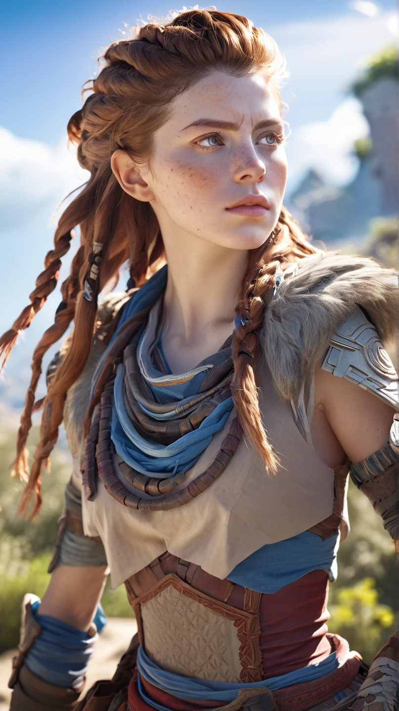 Aloy Horizon, ( masterpiece ,  best quality ,  High resolution : 1,2) alone,  full body ,  long hair , HDR, natural light, (anti-aliasing: 1,2), elegant, soft diffused light,  realistic proportions,  cinematic lighting , coherent light ,  coherent shadows ,  detailed face,  detailed eyes ,  detailed skin, extremely detailed,  intricate details ,  backlighting ,  accent lighting ,  detailed background ,  brown hair , hair ornaments,  brown eyes , Braid,  outdoor, Split lips ,  sky, is, ,  red hair, Armor,  sky azul, lips, looking to the side,  thick eyebrows, Armor de ombro, freckles, semi-nu.  belly showing 