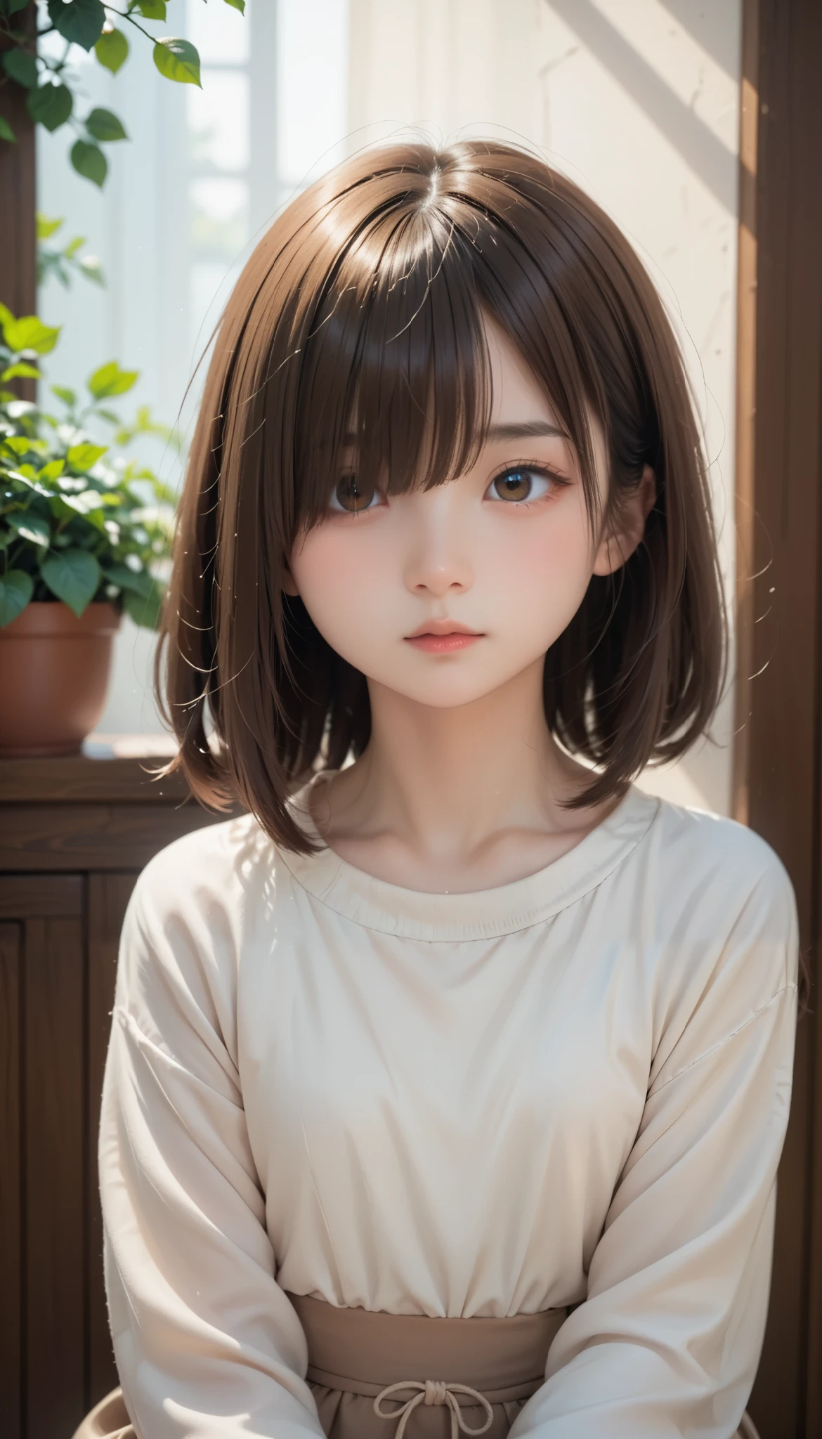 score_9, score_8_ up, score_7_ up,  One Girl , Alone,  young girl, Emotionless,  Watching Viewers ,  upper body, ( long hair,  brown hair ,  short bob , Hair covering one eye, bangs:1.3),  thin body,  little chest,  Thin Waist, They stare at me in a cute way, ( Cute outfits:1.3),  is sitting, 