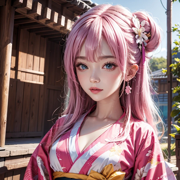 Very detailed CG Unity 8K wallpaper, Cute One lady, Mature pink hair、lady ,beautiful lady, pale skin (Super masterpiece, Beautiful person, well detailed face polluted smile, Photorealistic, hyper realisitic), Colorful winter kimono in pink and white colors、(white fur)、Japanese Style Hair Accessories、smile、Japanese background with light pink flowers and snow、Portrait、(pink eye)、(flat chest:1.2)、(Glowing Skin:1.7)、Detailed eyes、Big eyes、Open your mouth、Hide your arms