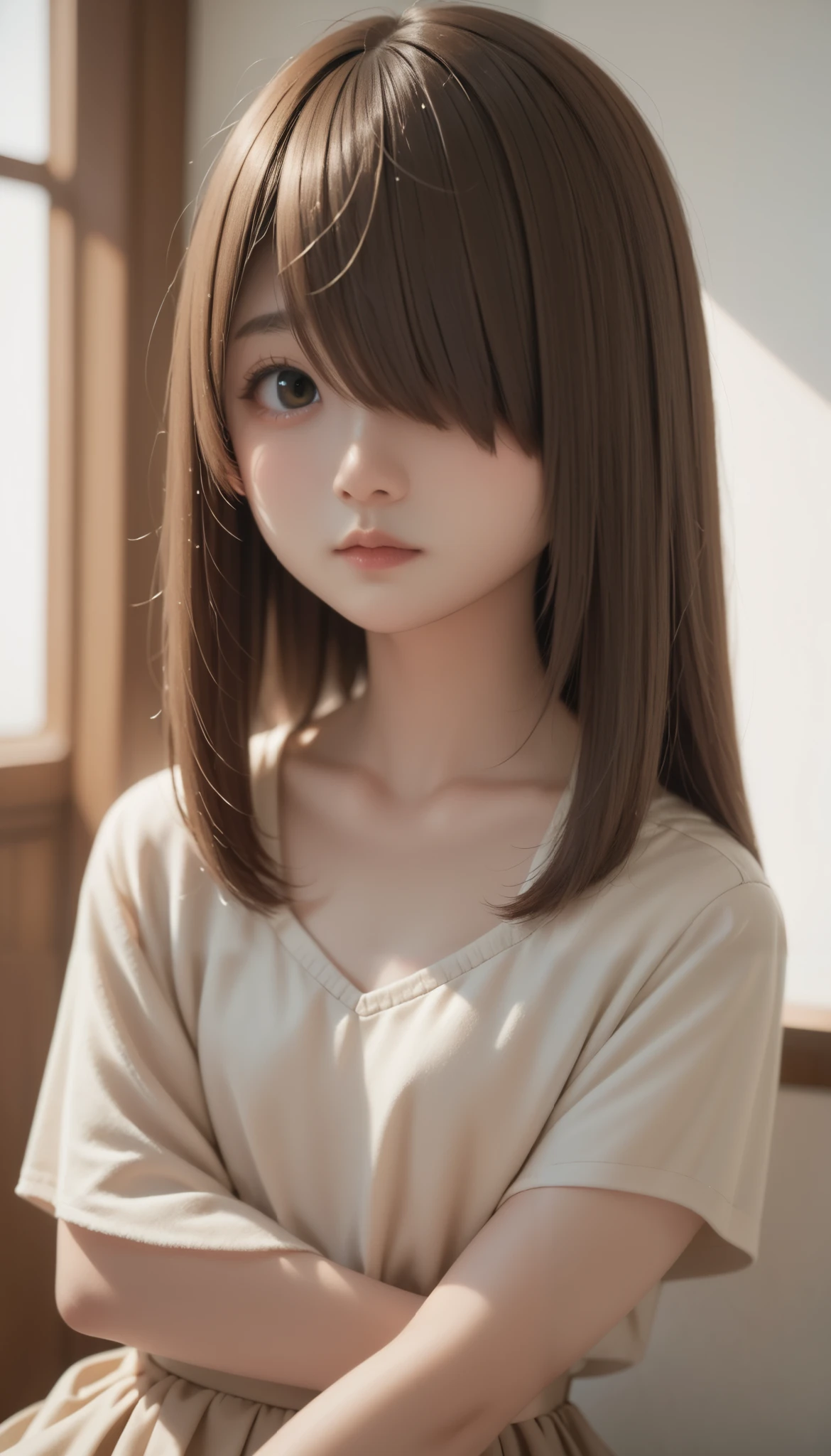 score_9, score_8_ up, score_7_ up,  One Girl , Alone,  young girl, Emotionless,  Watching Viewers ,  upper body, ( long hair,  brown hair ,  short bob , Hair covering one eye, bangs:1.3),  thin body,  little chest,  Thin Waist, They stare at me in a cute way, ( Cute outfits:1.3),  is sitting, 