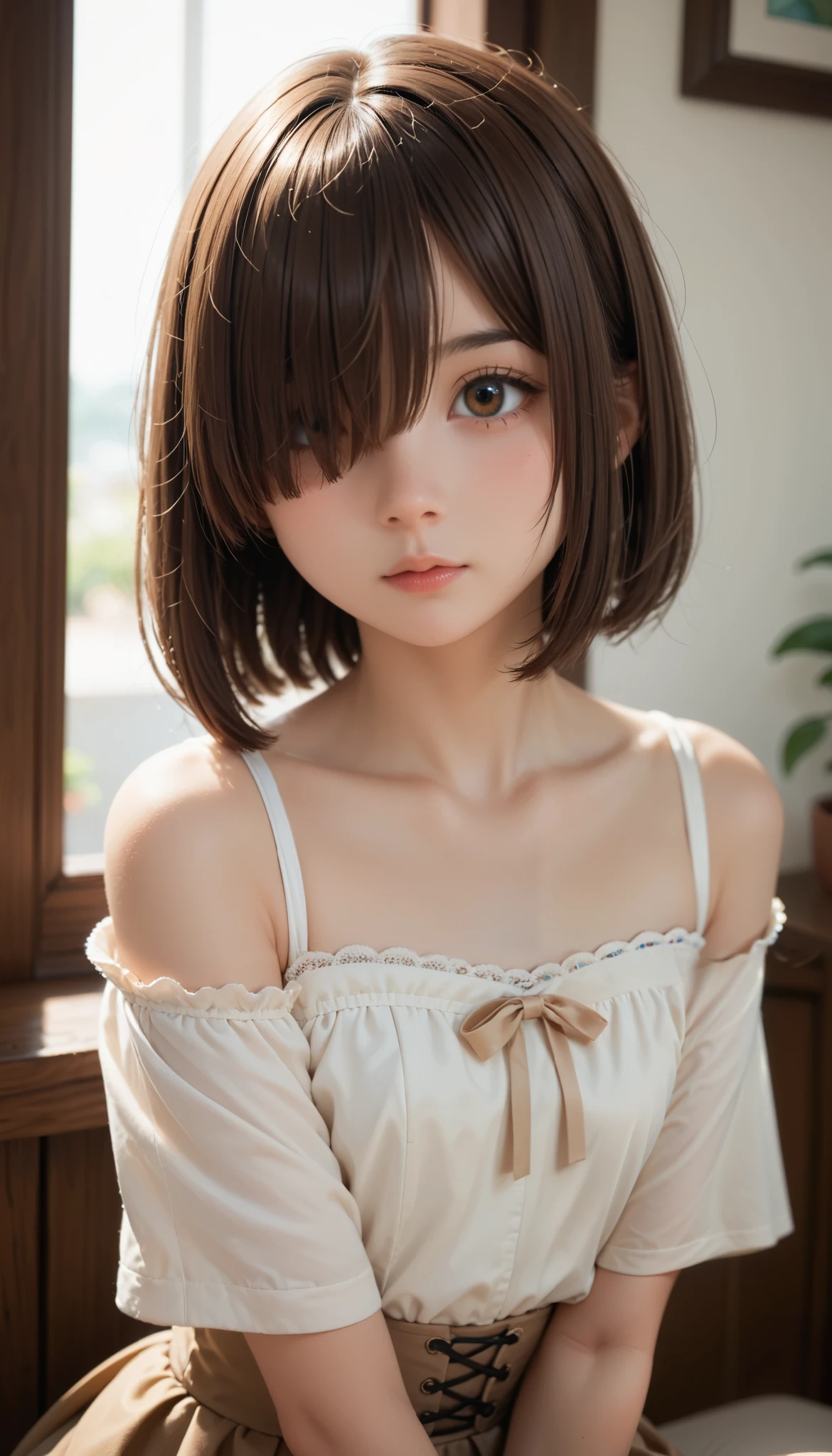 score_9, score_8_ up, score_7_ up,  One Girl , Alone,  young girl, Emotionless,  Watching Viewers ,  upper body, ( long hair,  brown hair ,  short bob , Hair covering one eye, bangs:1.3),  thin body,  little chest,  Thin Waist, They stare at me in a cute way, ( Cute outfits:1.3),  is sitting, 