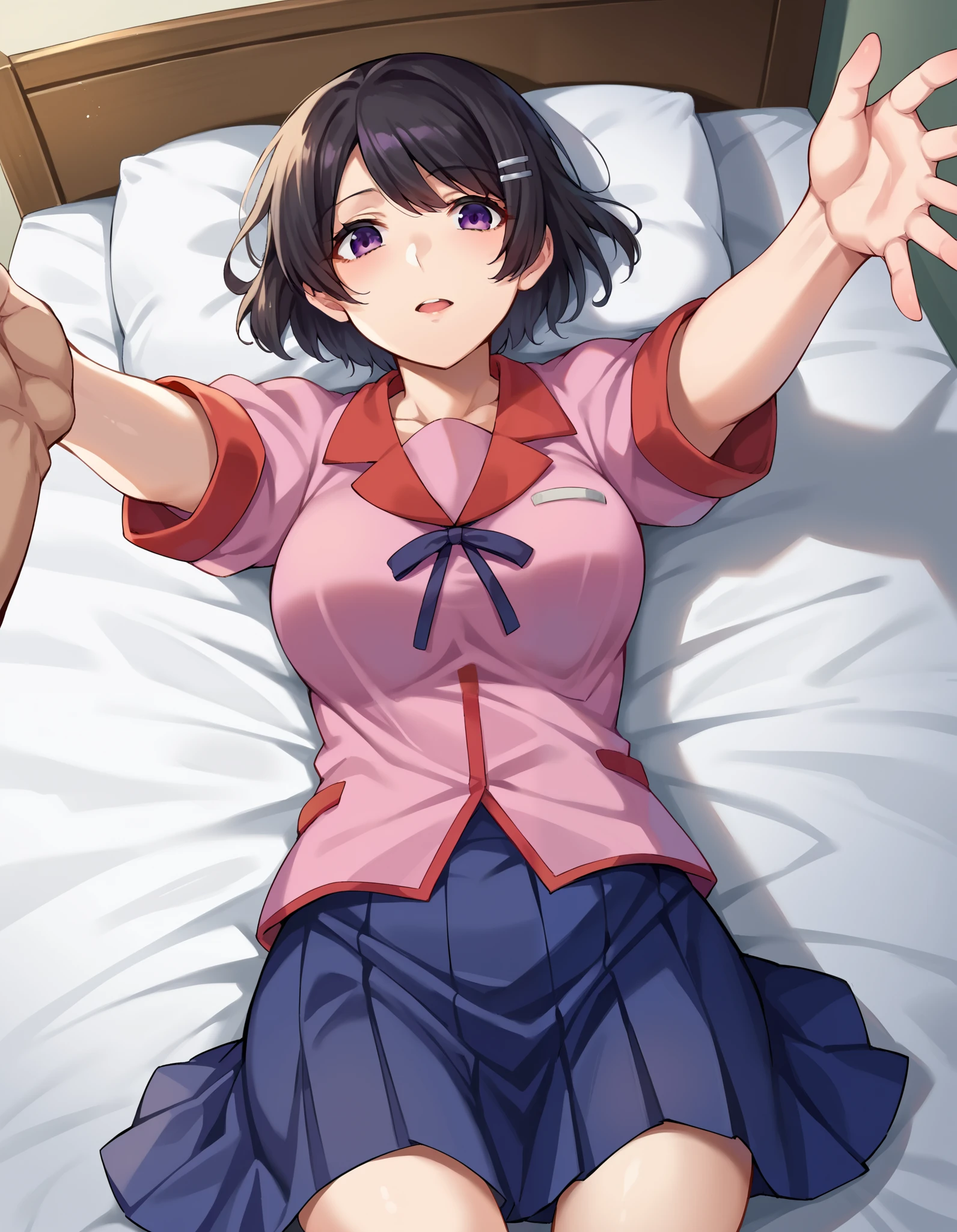 score_9, score_8_up, score_7_up, source_anime,
tsubasahanekawa, hanekawa tsubasa, short hair, black hair, hair ornament, purple eyes, hairclip, mature female,
skirt, school uniform, naoetsu high school uniform,
indoors, bed, bed room, on back, arm support, arms up, incoming hug, pov, reaching, reaching towards viewer,
looking at viewer, cowboy shot, dutch angle,