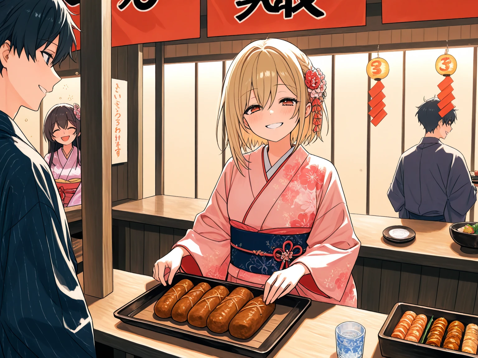 (masterpiece:1.3, highres:1.3, top quality), stall, landlady, kimono, Serving with a smile, Oden food stall, Drunk smiling customer