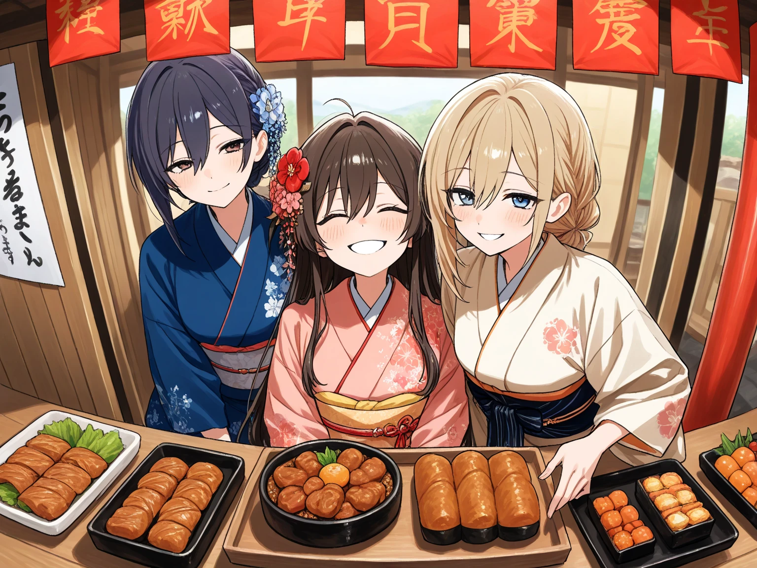 (masterpiece:1.3, highres:1.3, top quality), stall, landlady, kimono, Serving with a smile, Oden food stall, Drunk smiling customer