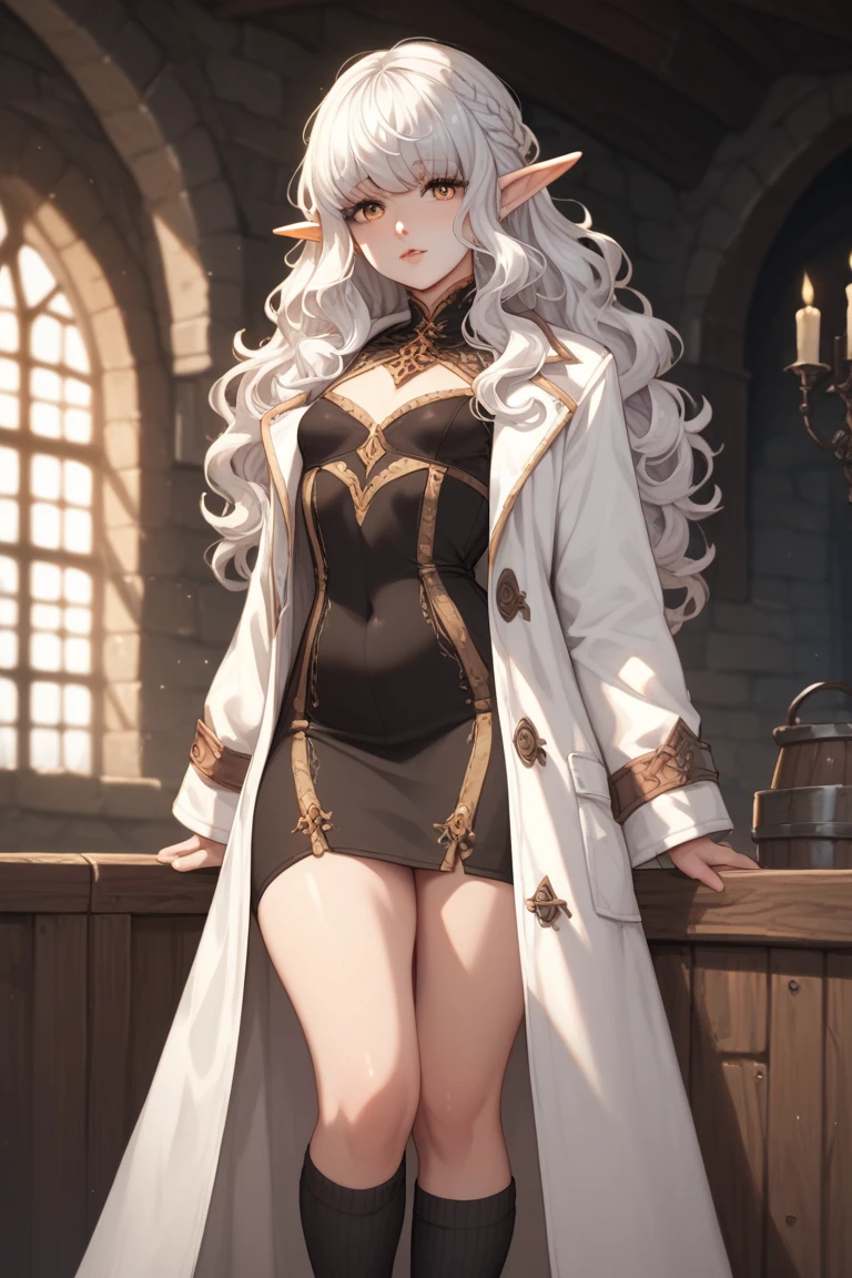 1 girl, long wavy white hair, bangs over eyes, golden eyes, elf ears, pale skin, voluptuous, short black dress, small breasts, white coat, black knee high socks, dark medieval fantasy, dungeon 