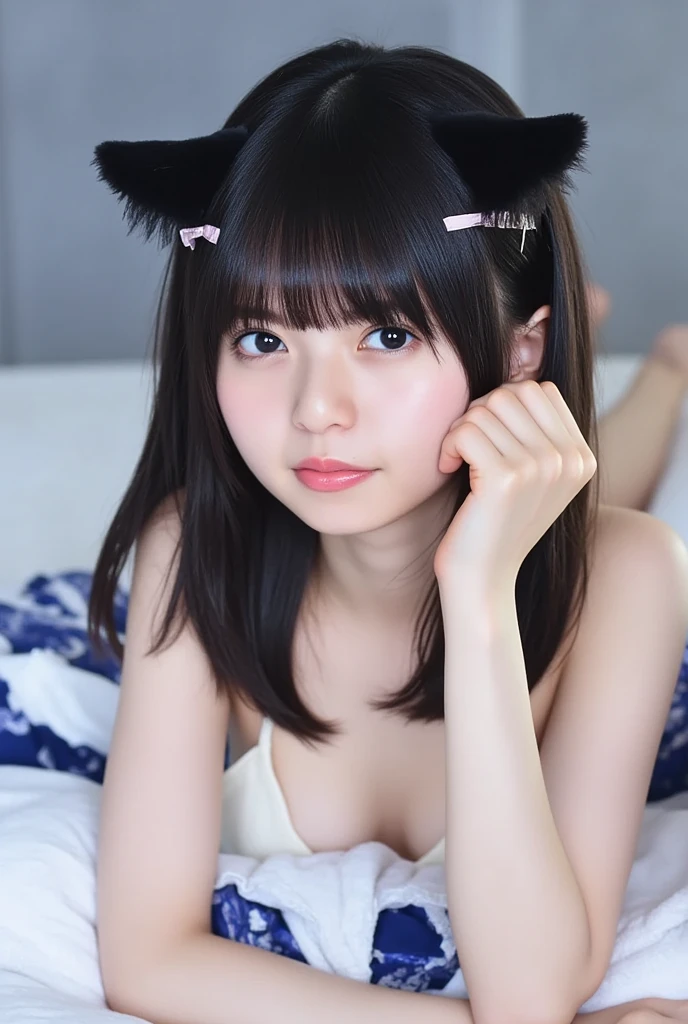 1 girl,  high definition,  top quality,  Bikini、Cat ears、smile、 white skin、With bangs、 black hair、 Low Twin Tails 、Look to the right、 lie down in bed、Top view angle、