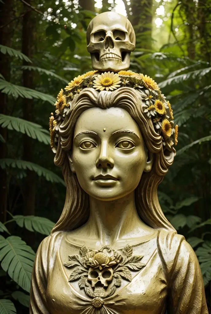 Create a highly detailed and
surrealistic digital art piece of a statue with a skull-like face integrated with nature. The statue should have intricate carvings resembling aged ivory or bone, with hollow eyes framed by blooming golden marigolds. The entire figure should be interwoven with vibrant flowers and lush green leaves, giving the appearance that the statue is both ancient and alive. The background should be a mystical, dense forest with soft, ambient lighting that highlights the ethereal and magical quality of the scene. Ensure the flowers and leaves appear fresh and vibrant, contrasting with the aged texture of the statue."