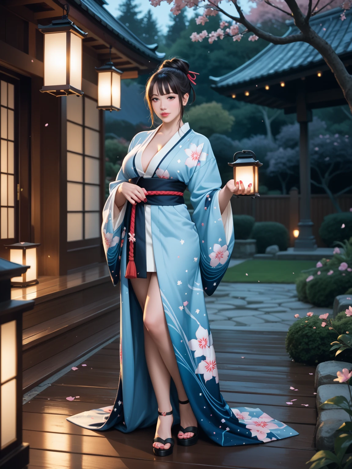 A sexy busty curvy woman in an ethereal kimono adorned with glowing female silhouette patterns, standing on a polished wooden floor under moonlight, background of a serene Japanese garden with lanterns