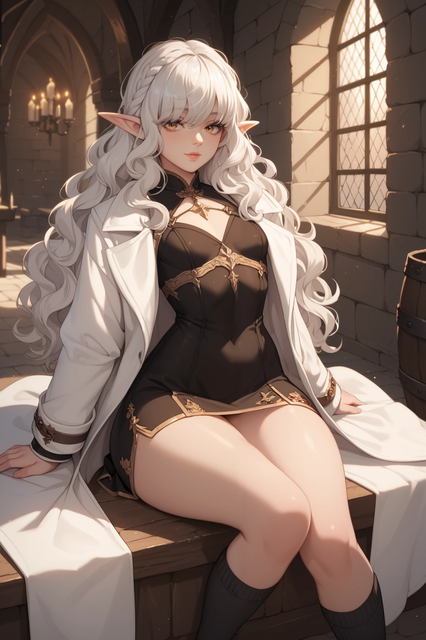 1 girl, long wavy white hair, bangs over eyes, golden eyes, elf ears, pale skin, voluptuous, short black dress, small breasts, white coat, black knee high socks, dark medieval fantasy, dungeon 