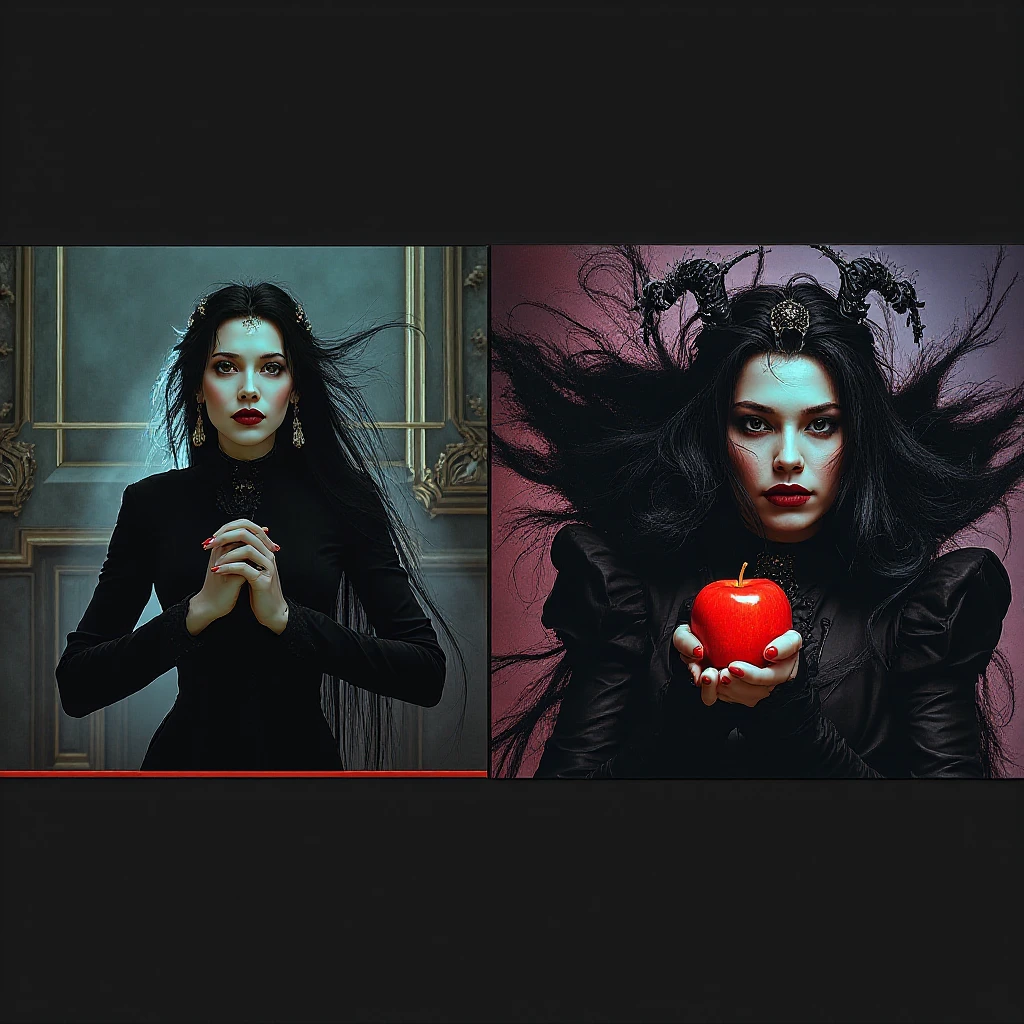 Evil scary snake whispering to a woman to eat a red apple with an apocalyptic background