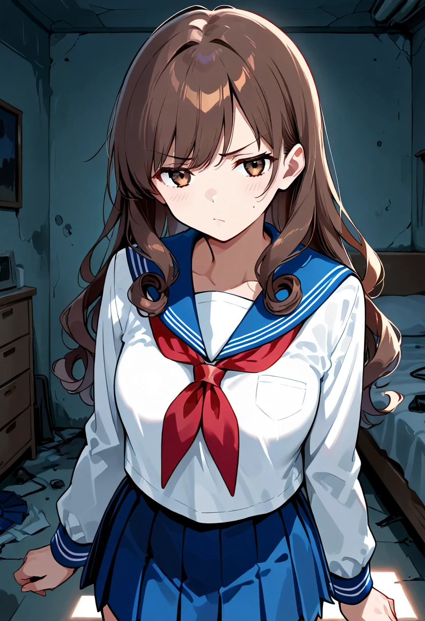  sailor suit,  Long Sleeve ,  RED NECKERCHIEF ,  short pleated skirt ,  Abandoned Bedroom, brown long hair, curly hair, (Short girl), medium breasts, annoyed