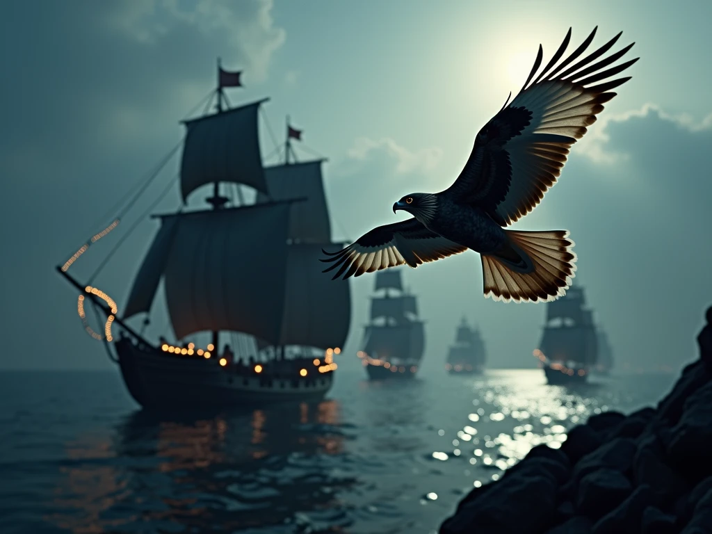 White-tailed hawk flying above see and fleet of medieval warships with black sails, at night, High Resolution, Masterpiece, Accurate, Anatomically Correct, Best Quality, Detail, High Details, High Quality, Super Detailed, Cinematic Lighting, Glowing Light, From Above, 