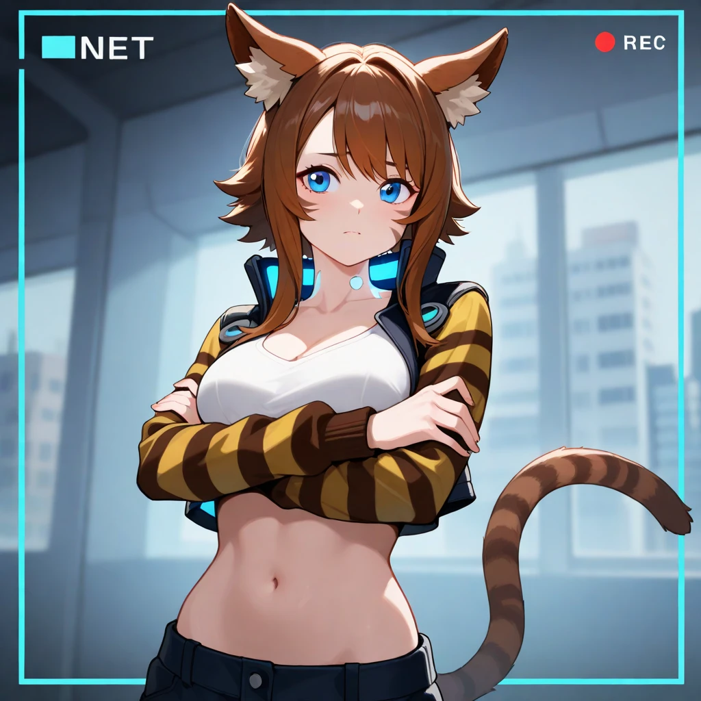This robotic catgirl has blue eyes. She has medium-length, fine, straight, brown hair worn in a feminine style. Her fur is beige with brown stripes on her ears and tail. She has a athletic build, Her ears are alert and rounded, done in a cyberpunk style