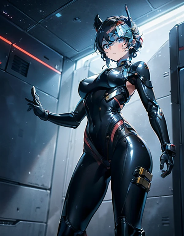 ultra-detailed, Explicit, Beautiful body, Beautiful Nose, Beautiful character design, perfect eyes, perfect face, ultra highres, 4K, beautiful legs, perfect legs, Nice hands, Perfect hand, Masterpiece, Best Quality, Highly detailed, illustration, absurdres, perfect anatomy, street fighter, doll suit, shadaloo doll, dollsuit, expressionless, blank eyes, looking at viewer, red gloves, emotionless, black latex, corruption, mind control, female combatant, full body, hypnotized, unhappy trance, full body suit, ribbed bodysuit, both arms at side, obey, perfect female body, extremely glossy latex, hypnosis, hypnoLora, empty eyes, Mind control device, poses, submissive_pose, Slave, standing straight, standing, standing at attention, hat, necktie, belt, latex, ribbed bodysuit, thigh Highs, garter belt, Fighting Stance, extending the right arm from the shoulder into the air with a straightened hand, military, thigh boots, black pantyhose, (((pixel-perfect, detail-perfect))), solo, 1girl, hair ornaments, short hair, brown hair, short brown hair, blue eye, Kozue Hiiragi, Heaven Burns Red, medium breast, eyepatch,