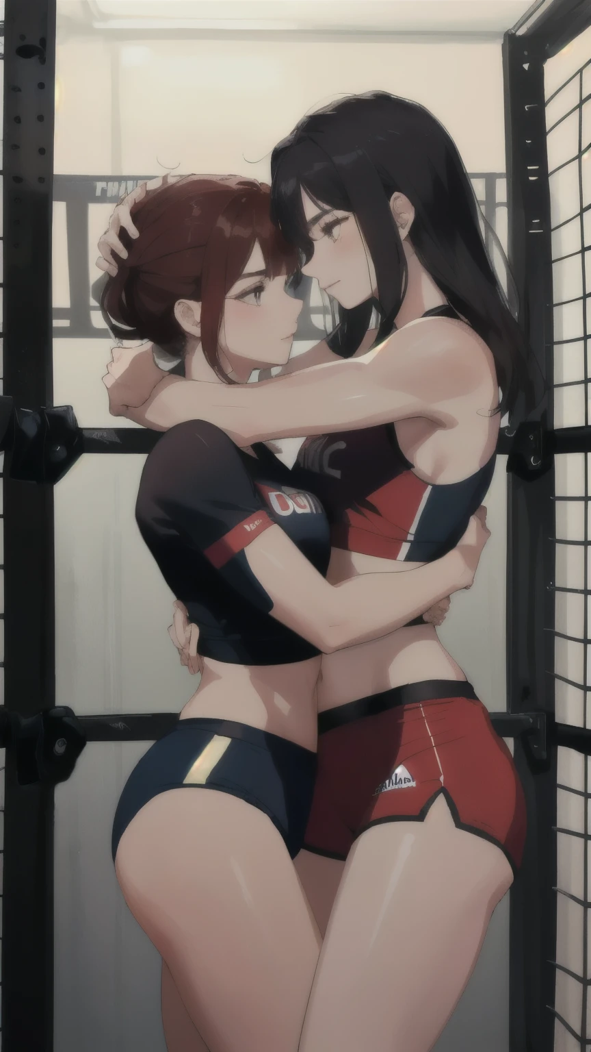 2 women hugging in an MMA CAGE, wearing sexy MMA clothes, on a hot summer day, sexy:1,5, yuri, lesbian, nsfw, lascivious:1,5, strong:1,2, perfect hands with 5 fingers, perfect arms, perfect anatomy, mma grapple