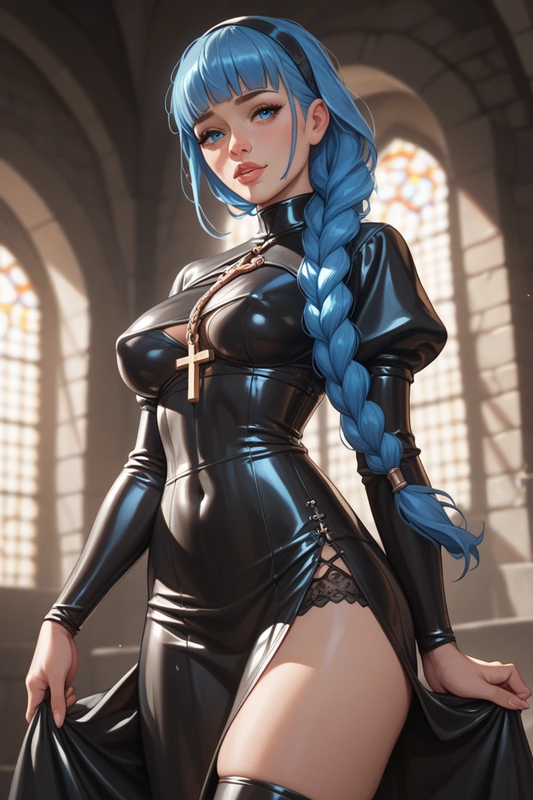 1 girl, long braided blue hair, fringe, voluptuous, medium breasts, cleric, black latex underwear and skirt, dungeon 