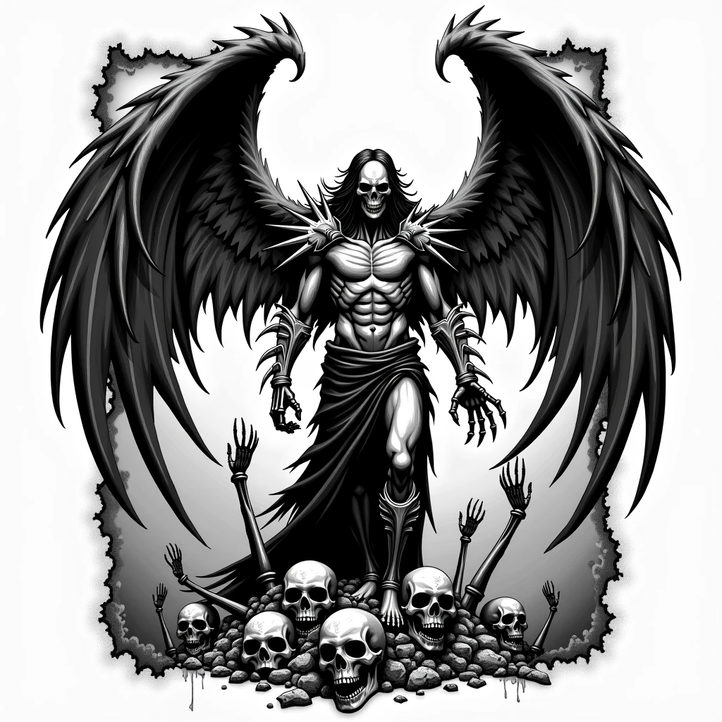 T-shirt design, an angel holding the head of a demon, detailed, aggressive