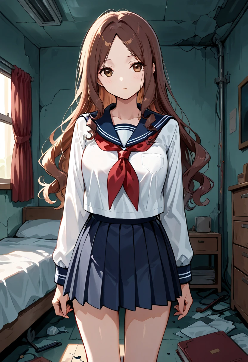  sailor suit,  Long Sleeve ,  RED NECKERCHIEF ,  short pleated skirt ,  Abandoned Bedroom, brown long hair, curly hair, parted bangs, (Short girl), medium breasts,